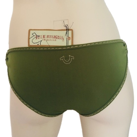 True RELIGION Bikini Bottom Super Ultra Low Rise Hipster Olive Green Metal Rings - Picture 6 of 11